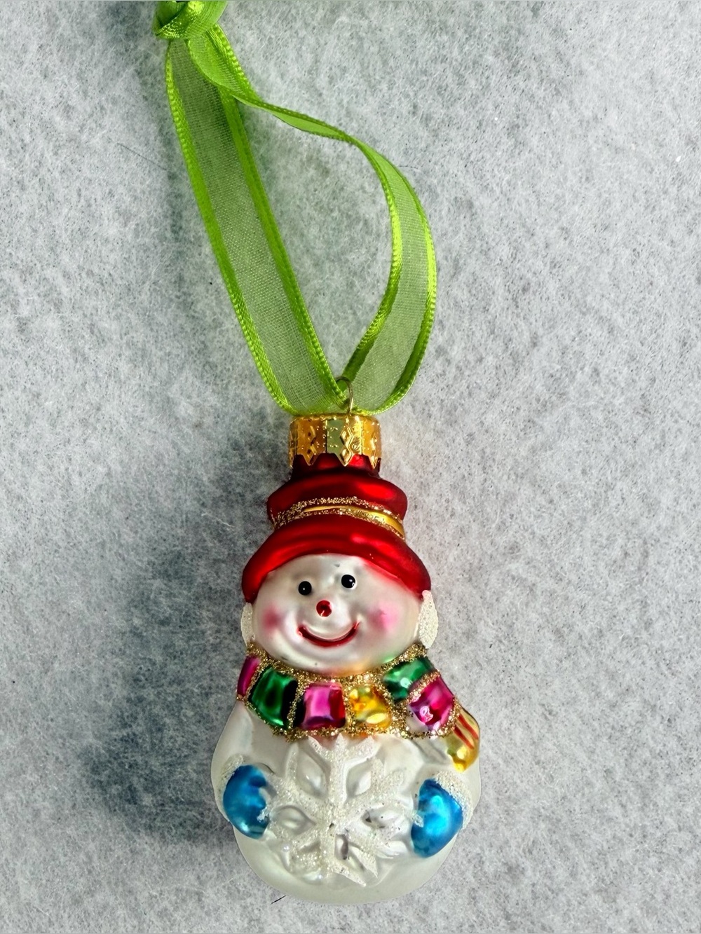 Christmas Ornament Blown Glass Smiling Snowman w/ Snowflake Holiday Seasonal